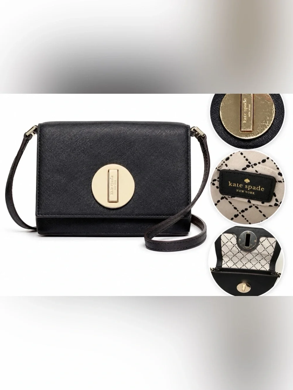 kate spade Black Leather Crossbody with Gold Disc Turn-Lock